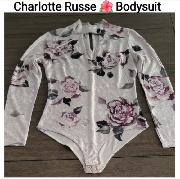 Charlotte Russe Tops - Charlotte Russe Gray Floral Velvet Keyhole Bodysuit, Size M